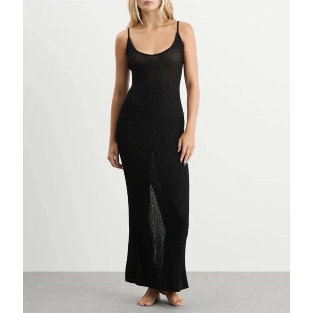 New SKIMS Sheer Knit Midi Dress Sz L Onyx Black Long Slit Rib Ribbed